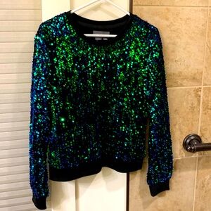 Anthropologie Sequin “Sweatshirt“. NWT size M. Green/black/blue.
